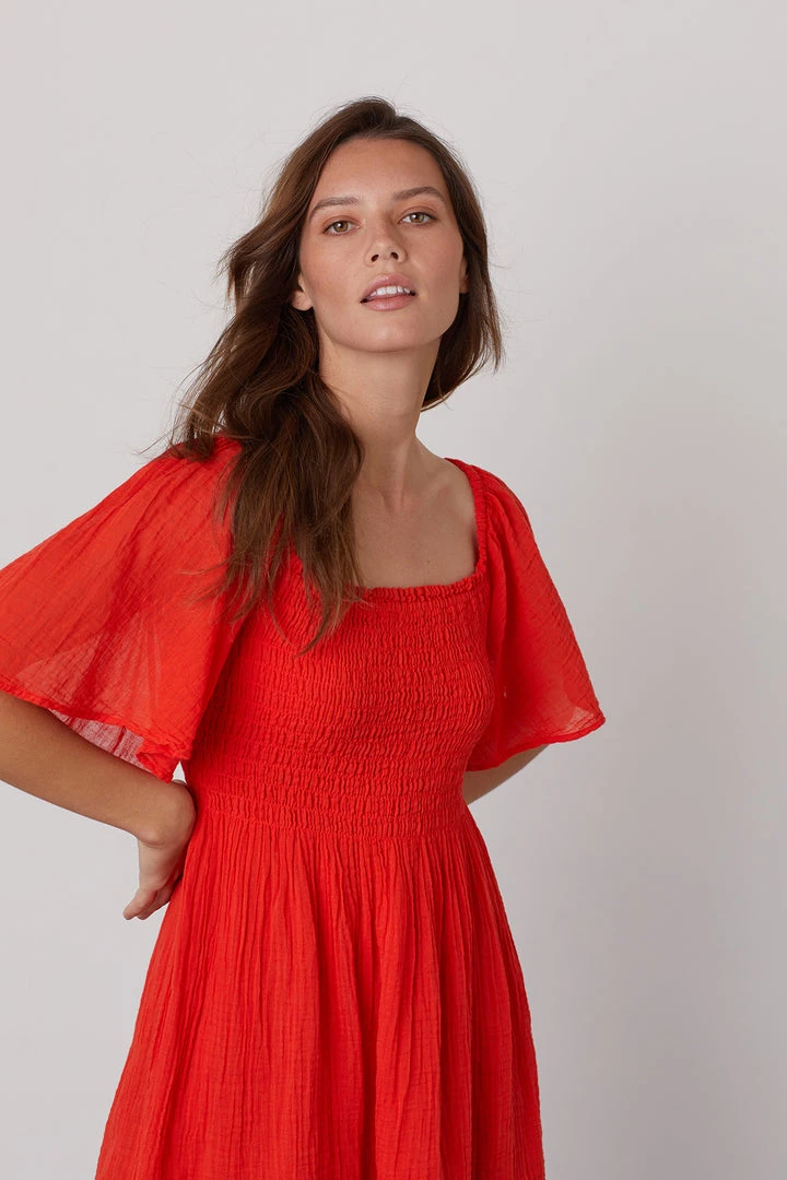 Velvet By Graham & Spencer Womens ESME SMOCKED COTTON GAUZE DRESS 6 Velvet By Graham & Spencer Womens ESME SMOCKED COTTON GAUZE DRESS