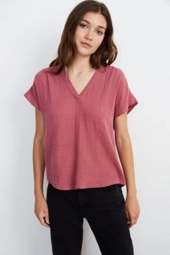 Velvet By Graham & Spencer Womens CARAH COTTON CONTRAST BLOUSE