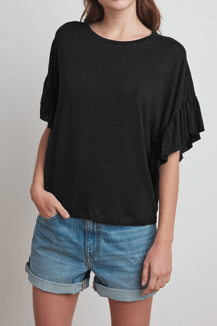 Velvet By Graham & Spencer DORIANA LINEN KNIT RUFFLE SLEEVE TEE Womens 1 Velvet By Graham & Spencer DORIANA LINEN KNIT RUFFLE SLEEVE TEE Womens