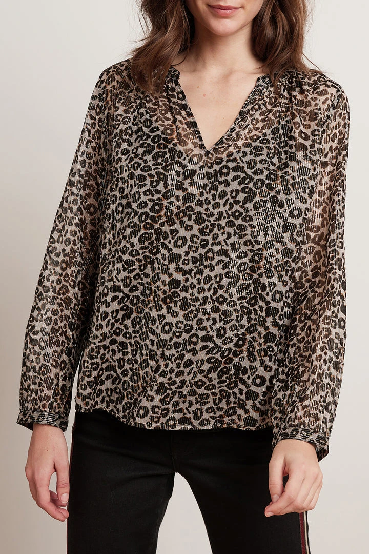 Velvet By Graham & Spencer PEYTON LEOPARD LUREX LONG SLEEVE BLOUSE Womens 1 Velvet By Graham & Spencer PEYTON LEOPARD LUREX LONG SLEEVE BLOUSE Womens