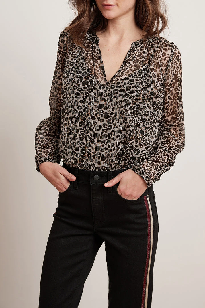 Velvet By Graham & Spencer PEYTON LEOPARD LUREX LONG SLEEVE BLOUSE Womens 2 Velvet By Graham & Spencer PEYTON LEOPARD LUREX LONG SLEEVE BLOUSE Womens