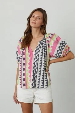 Velvet By Graham & Spencer MARIE NEON JACQUARD BOHO TOP Womens