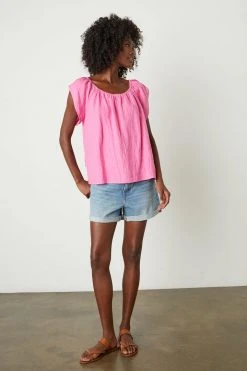 Velvet By Graham & Spencer CEILA LINEN FLUTTER SLEEVE BLOUSE