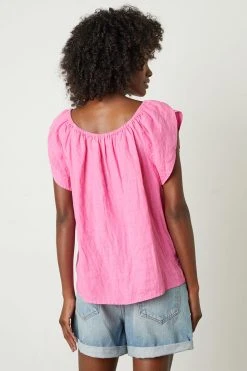Velvet By Graham & Spencer CEILA LINEN FLUTTER SLEEVE BLOUSE