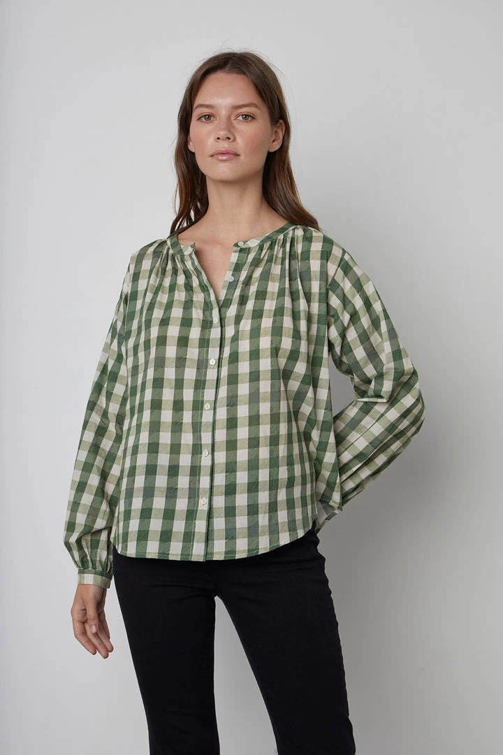 Velvet By Graham & Spencer SHIREEN PRINTED GINGHAM BUTTON-UP BLOUSE 1 Velvet By Graham & Spencer SHIREEN PRINTED GINGHAM BUTTON-UP BLOUSE