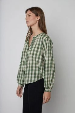 Velvet By Graham & Spencer SHIREEN PRINTED GINGHAM BUTTON-UP BLOUSE