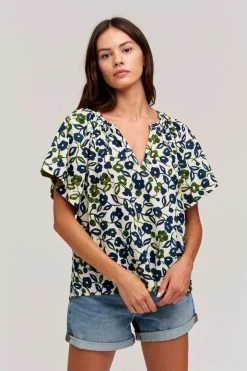 Velvet By Graham & Spencer JUNO PRINTED COTTON CAMBRIC TOP Womens