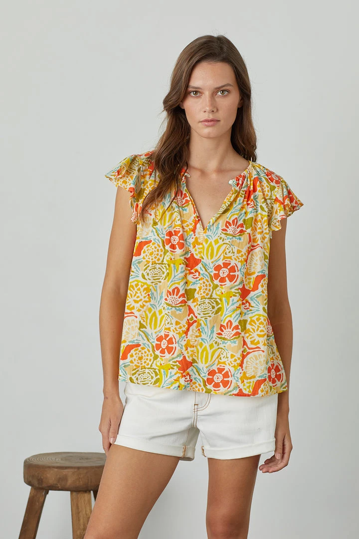 Velvet By Graham & Spencer CANDACE RUFFLE SLEEVE PRINTED TOP Womens 7 Velvet By Graham & Spencer CANDACE RUFFLE SLEEVE PRINTED TOP Womens