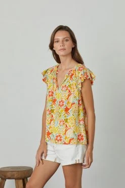 Velvet By Graham & Spencer CANDACE RUFFLE SLEEVE PRINTED TOP Womens 20 Velvet By Graham & Spencer CANDACE RUFFLE SLEEVE PRINTED TOP Womens
