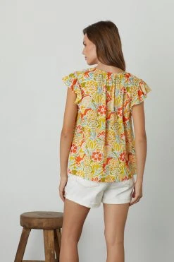 Velvet By Graham & Spencer CANDACE RUFFLE SLEEVE PRINTED TOP Womens 21 Velvet By Graham & Spencer CANDACE RUFFLE SLEEVE PRINTED TOP Womens