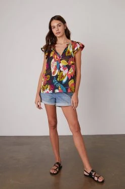 Velvet By Graham & Spencer CANDACE RUFFLE SLEEVE PRINTED TOP Womens 16 Velvet By Graham & Spencer CANDACE RUFFLE SLEEVE PRINTED TOP Womens
