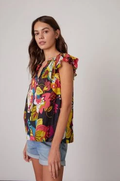 Velvet By Graham & Spencer CANDACE RUFFLE SLEEVE PRINTED TOP Womens 14 Velvet By Graham & Spencer CANDACE RUFFLE SLEEVE PRINTED TOP Womens