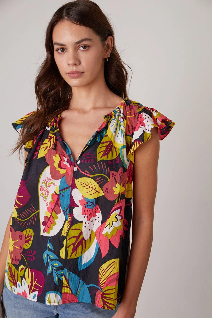 Velvet By Graham & Spencer CANDACE RUFFLE SLEEVE PRINTED TOP Womens 2 Velvet By Graham & Spencer CANDACE RUFFLE SLEEVE PRINTED TOP Womens