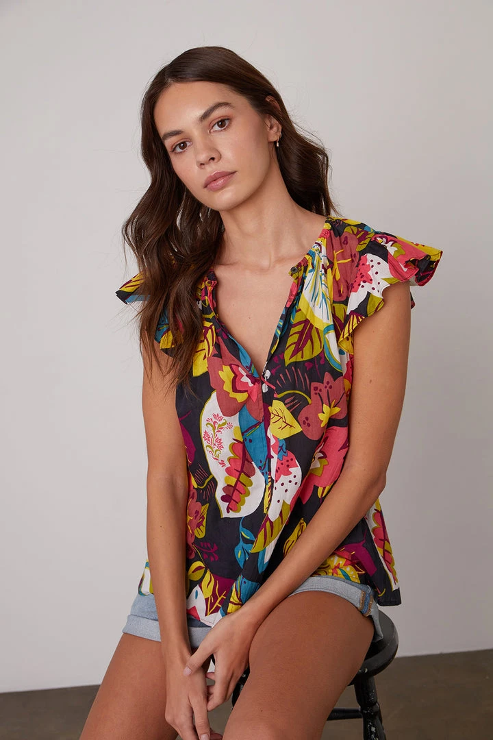 Velvet By Graham & Spencer CANDACE RUFFLE SLEEVE PRINTED TOP Womens 1 Velvet By Graham & Spencer CANDACE RUFFLE SLEEVE PRINTED TOP Womens