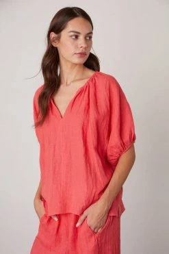 Velvet By Graham & Spencer JANINE PUFF SLEEVE LINEN TOP Womens 18 Velvet By Graham & Spencer JANINE PUFF SLEEVE LINEN TOP Womens