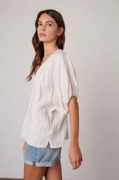 Velvet By Graham & Spencer JANINE PUFF SLEEVE LINEN TOP Womens 13 Velvet By Graham & Spencer JANINE PUFF SLEEVE LINEN TOP Womens